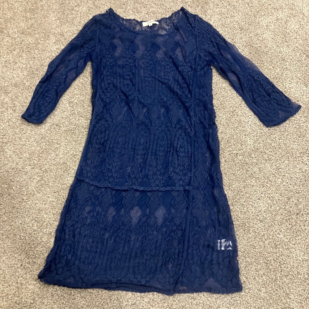 Umgee USA Navy Blue Sheer Lace Overlay 3/4 Sleeve Dress M/L Cottagecore Romantic